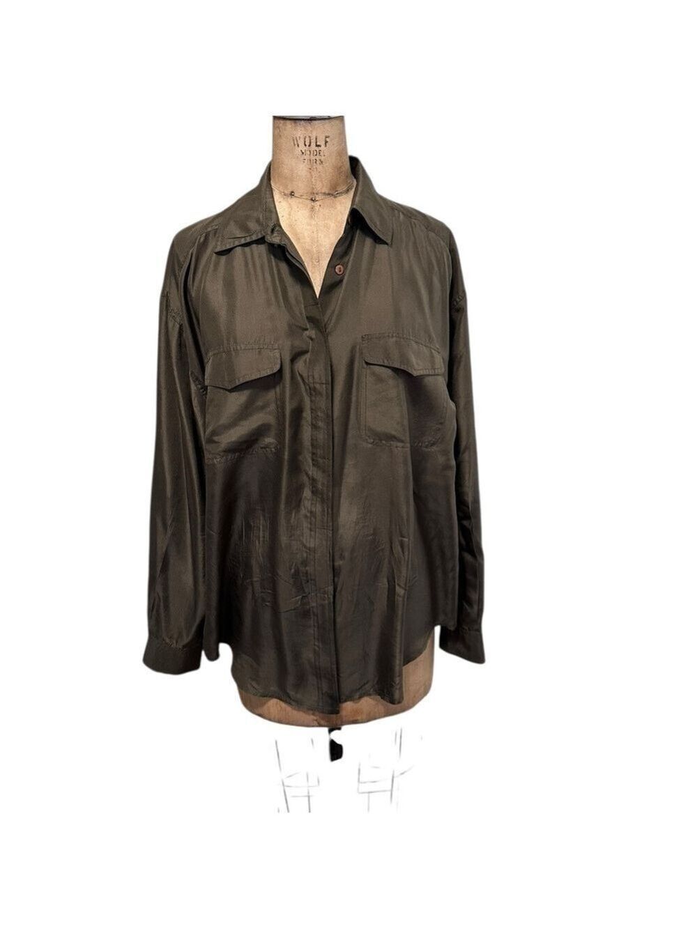Diane Gilman Olive Green Silk Button Up Blouse Size L Minimalist Career Office